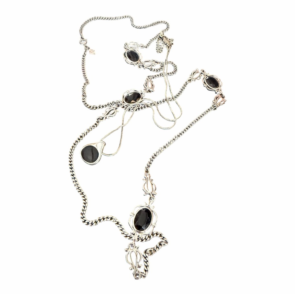 Vintage Black Stone Silver Tone Necklace Set Station Necklace + Pendant 259 - Picture 2 of 7